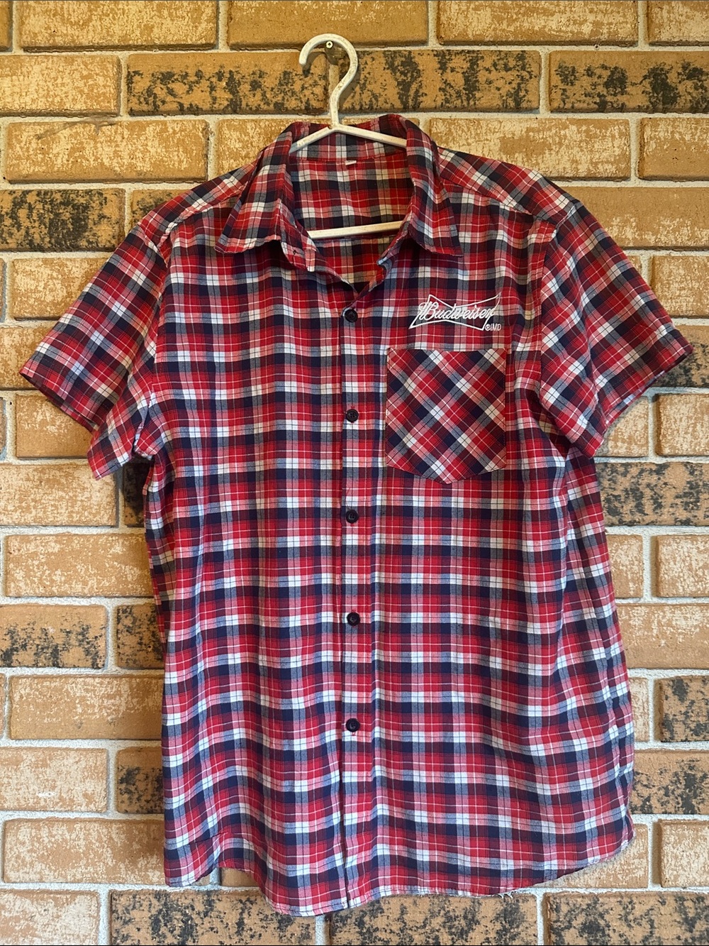 Budweiser Red and Blue Plaid Short Sleeve Button-Up